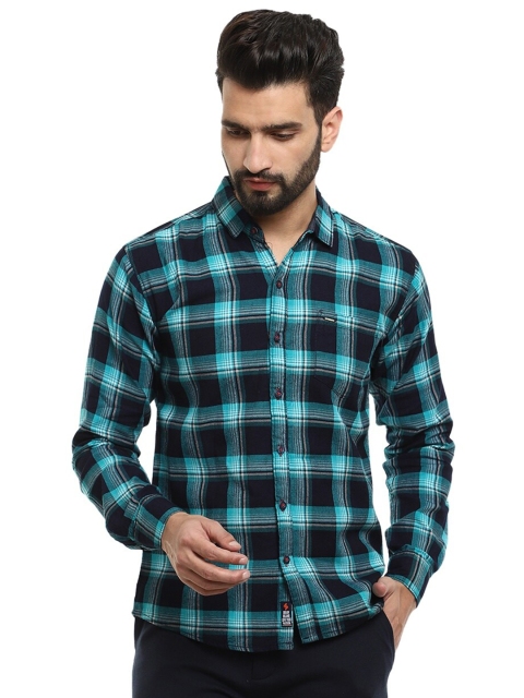 

V-Mart Men Turquoise Blue & Black Classic Slim Fit Checked Cotton Casual Shirt