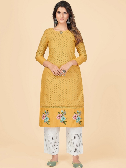 

KALINI Women Yellow Geometric Embroidered Keyhole Neck Thread Work Kurta
