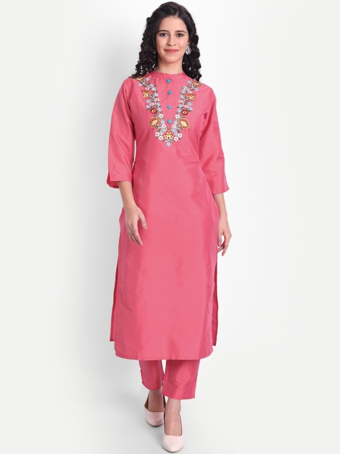

V TRADITION Women Pink Floral Embroidered Thread Work Kurta with Trousers