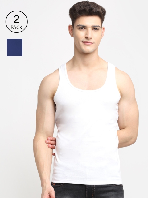 

Friskers Men Pack Of 2 White & Blue Solid Innerwear Vests