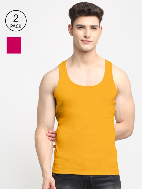 

Friskers Men Pack Of 2 Pink & Yellow Solid Cotton Innerwear Gym Vests