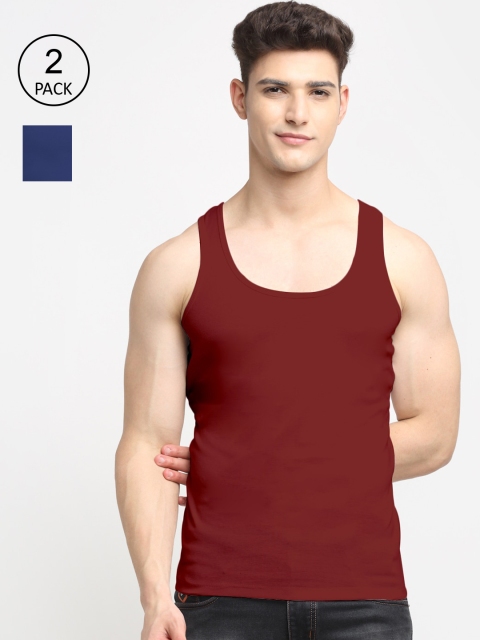 

Friskers Men Pack Of 2 Blue & Maroon Solid Innerwear Vests