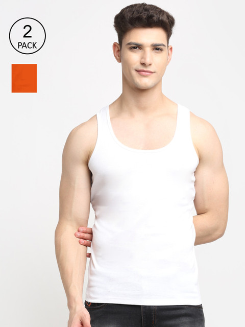 

Friskers Men Pack Of 2 White & Orange Solid Cotton Innerwear Gym Vests