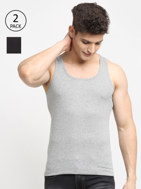 

Friskers Men Pack Of 2 Black And Grey Solid Pure Cotton Innerwear Vest