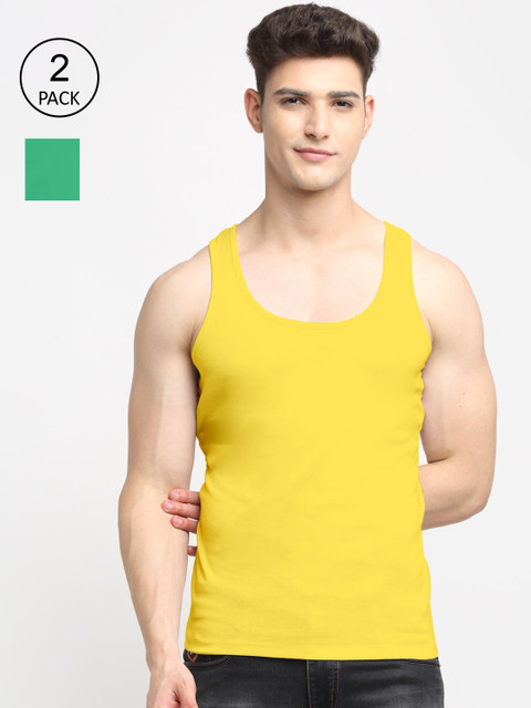

Friskers Men Pack Of 2 Solid Cotton Innerwear Vests, Yellow
