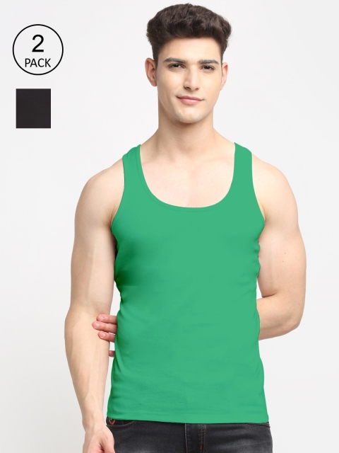 

Friskers Men Pack of 2 Black & Green Solid Pure Cotton Innerwear Vest