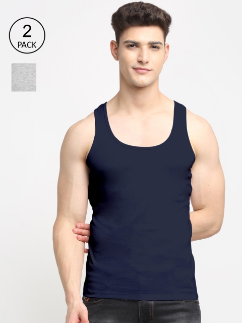 

Friskers Men Pack of 2 Grey & Navy Blue Solid Pure Cotton Innerwear Vest