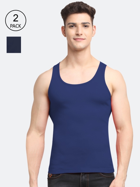 

Friskers Men Pack Of 2 Solid Cotton Innerwear Vests, Blue
