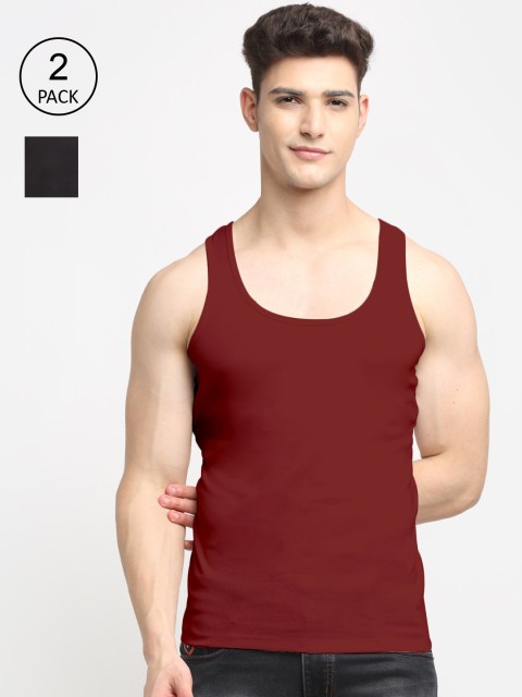 

Friskers Men Pack Of 2 Solid Cotton Innerwear Gym Vests, Black