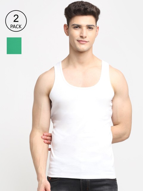 

Friskers Men Pack Of 2 White & Green Solid Cotton Innerwear Vests