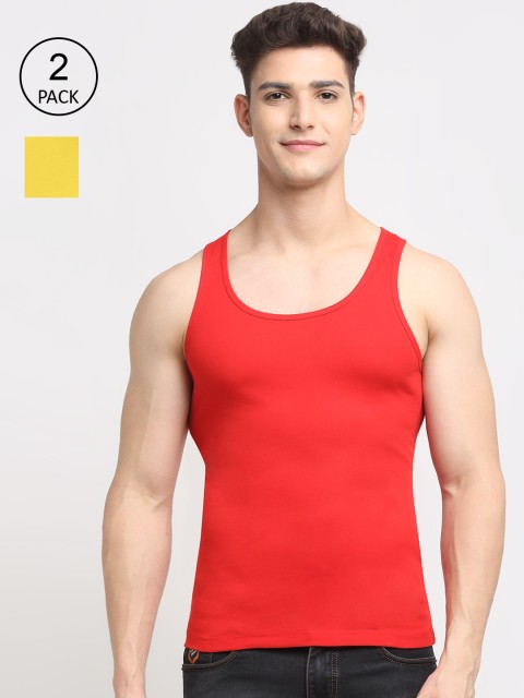 

Friskers Men Pack Of 2 Red & Yellow Solid Innerwear Vests