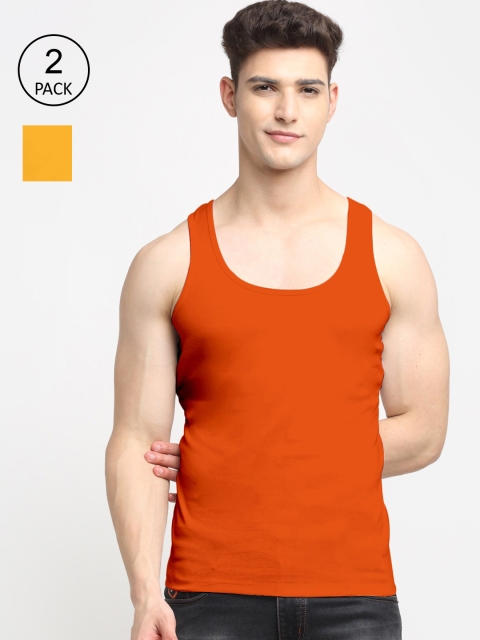 

Friskers Men Pack Of 2 Solid Cotton Innerwear Vests, Orange