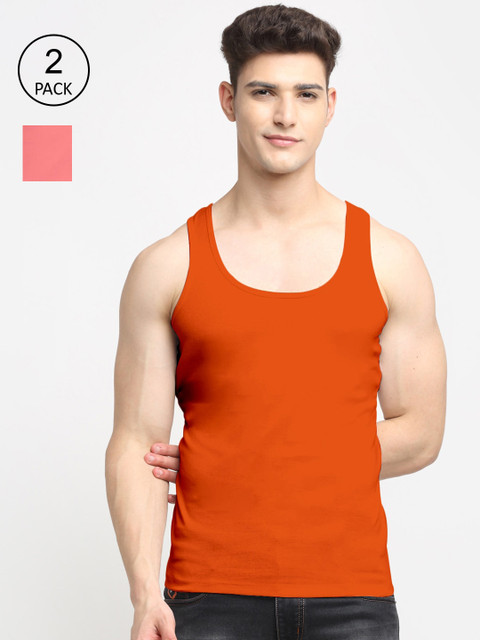 

Friskers Men Pack Of 2 Solid Cotton Innerwear Vests, Orange
