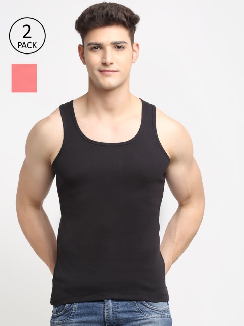 

Friskers Men Pack Of 2 Solid Pure Cotton Innerwear Vests, Black