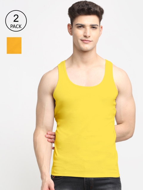 

Friskers Men Pack Of 2 Solid Pure Cotton Tank Vest, Yellow