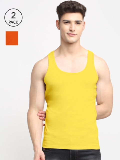 

Friskers Men Pack Of 2 Solid Pure Cotton Tank Vests, Yellow