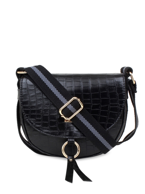 

yelloe Black Animal Textured Half Moon Sling Bag with Tasselled