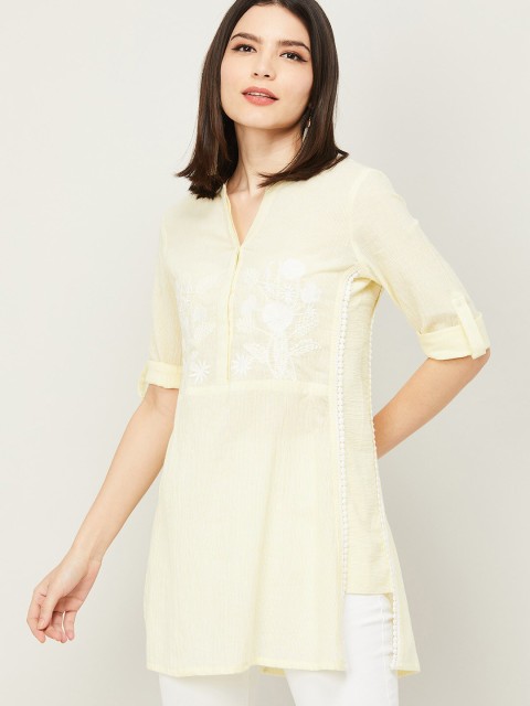 

Colour Me by Melange Women Yellow Embroidered V-Neck Cotton Tunic