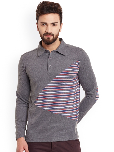 

Hypernation Men Grey Slim Fit Polo T-shirt with Striped Detail