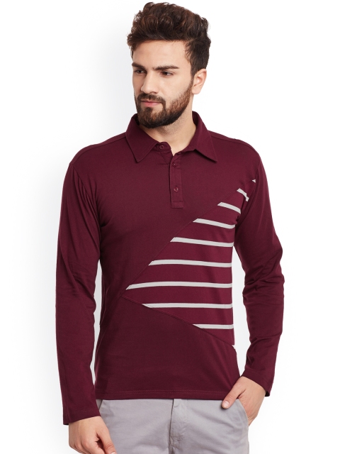 

Hypernation Men Maroon Slim Fit Polo T-shirt with Striped Detail