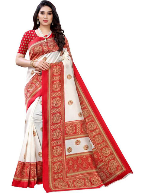 

KALINI Red & White Ethnic Motifs Art Silk Mysore Silk Saree