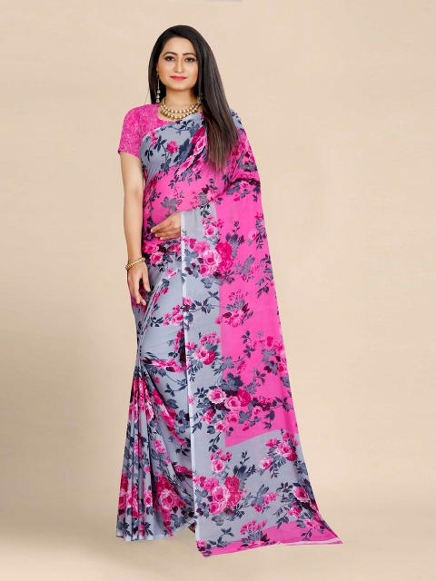 

KALINI Pink & Grey Floral Pure Georgette Silk Block Print Saree