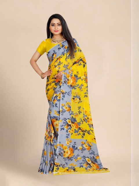 

KALINI Yellow & Grey Floral Pure Georgette Block Print Saree