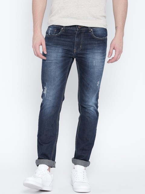 

American Crew Men Navy Mid-Rise Mildly Distressed Jeans, Navy blue