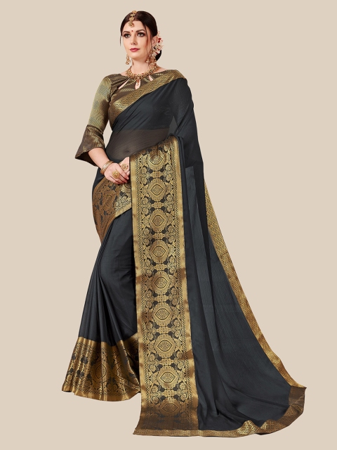 

UNITED LIBERTY Black & Gold-Toned Zari Pure Chiffon Saree