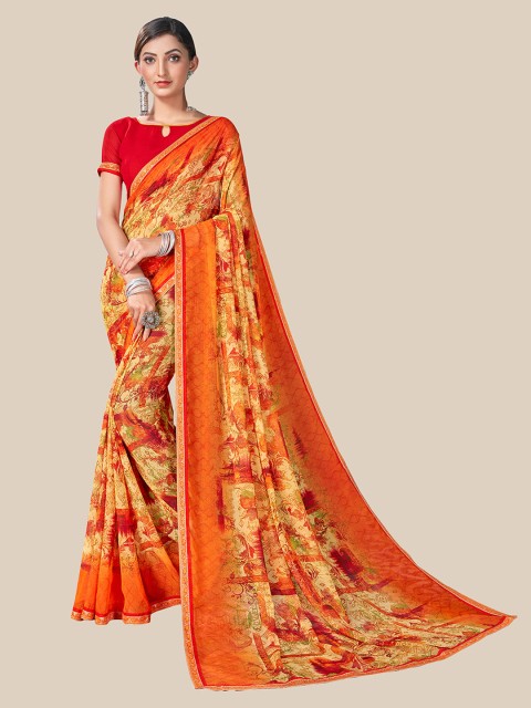 

UNITED LIBERTY Orange & Mustard Pure Georgette Saree
