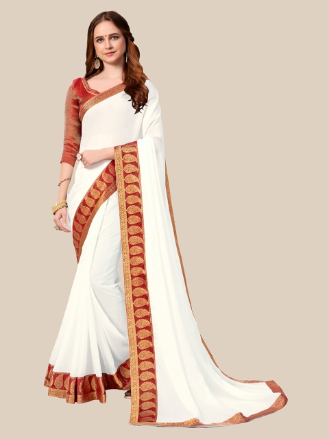 

UNITED LIBERTY White & Red Pure Chiffon Saree