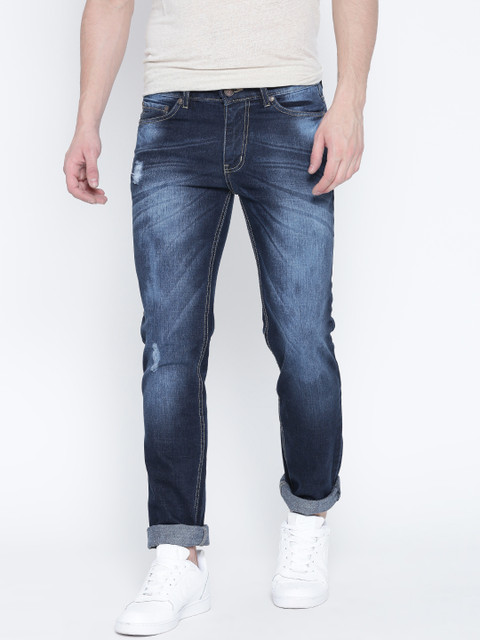 

American Crew Men Navy Mid-Rise Mildly Distressed Jeans, Navy blue