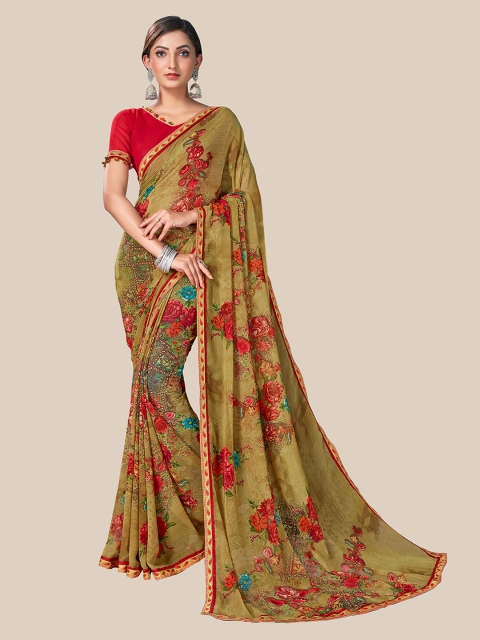 

UNITED LIBERTY Olive Green & Gold-Toned Floral Pure Georgette Saree