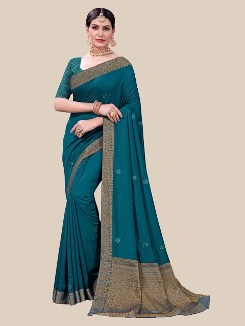

UNITED LIBERTY Teal Blue & Gold-Toned Floral Embroidered Vichitra Art Silk Saree