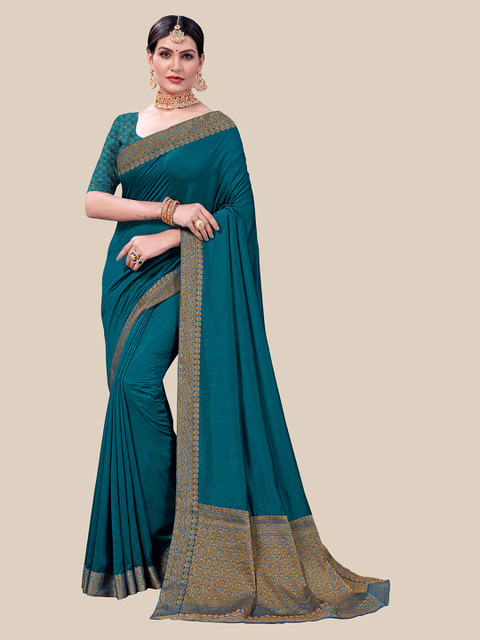 

UNITED LIBERTY Teal & Gold-Toned Woven Design Art Silk Block Print Saree
