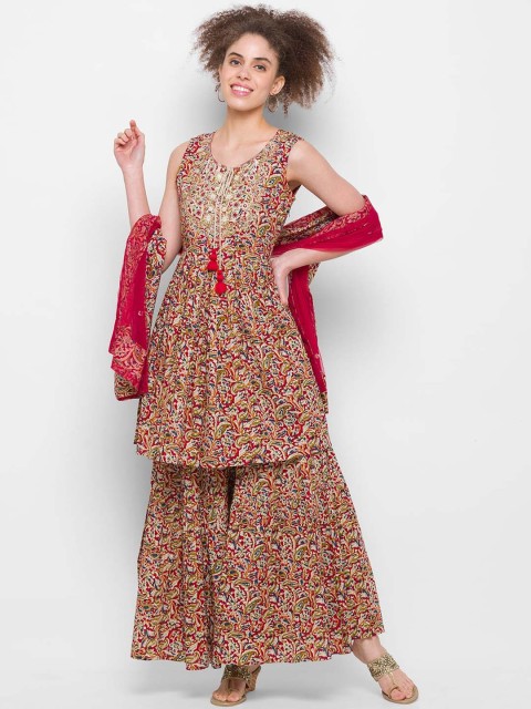 

ZOLA Women Maroon Floral Embroidered Pure Cotton Kurta with Sharara & With Dupatta