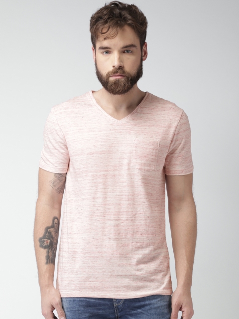 

Celio Men Off-White & Pink Self-Design T-shirt