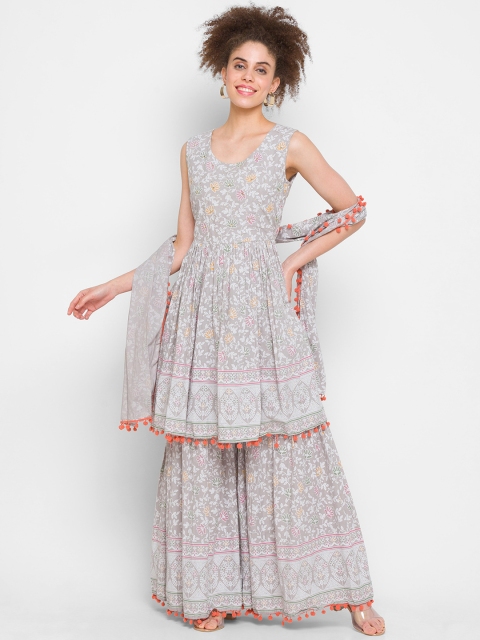 

ZOLA Women Grey Embroidered Pure Cotton Kurta Set