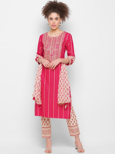

ZOLA Women Pink Ethnic Motifs Striped Panelled Kurta with Trousers & With Dupatta