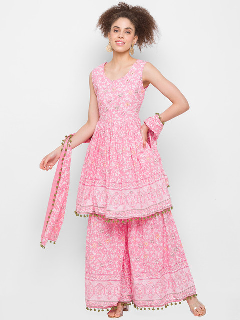 

ZOLA Women Pink Layered Pure Cotton Kurti with Palazzos & With Dupatta