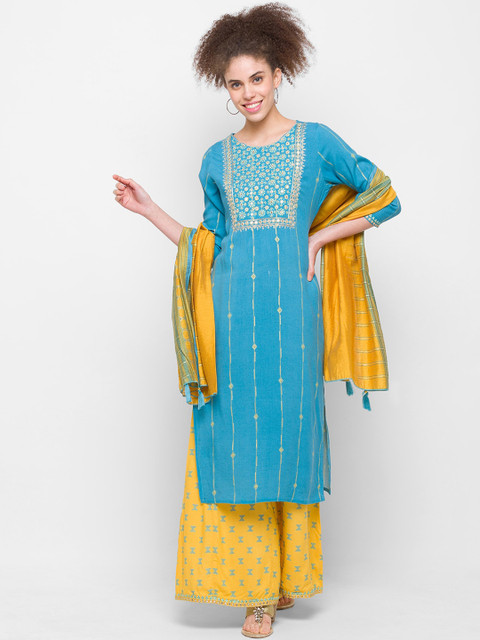 

ZOLA Women Blue Printed Mirror Work Kurta with Sharara & With Dupatta