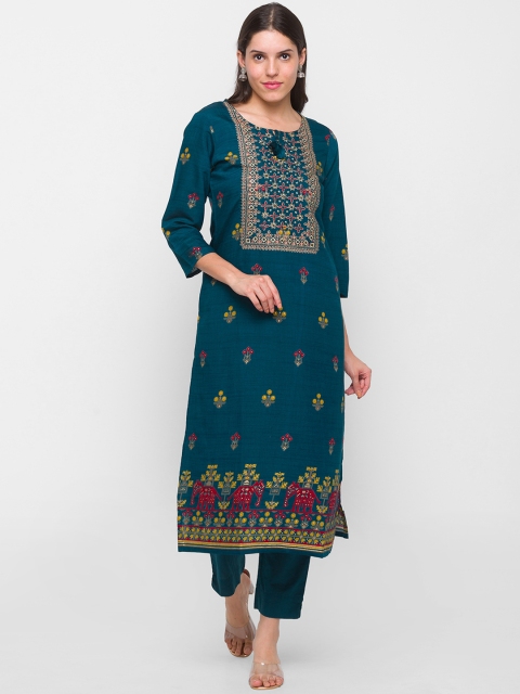

ZOLA Women Teal Ethnic Motifs Embroidered Kurti with Trousers