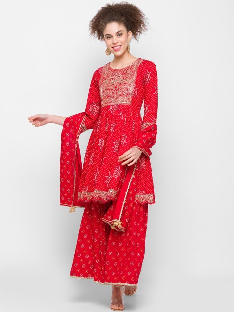 

ZOLA Women Red Bandhani Printed Kurta with Palazzos & With Dupatta