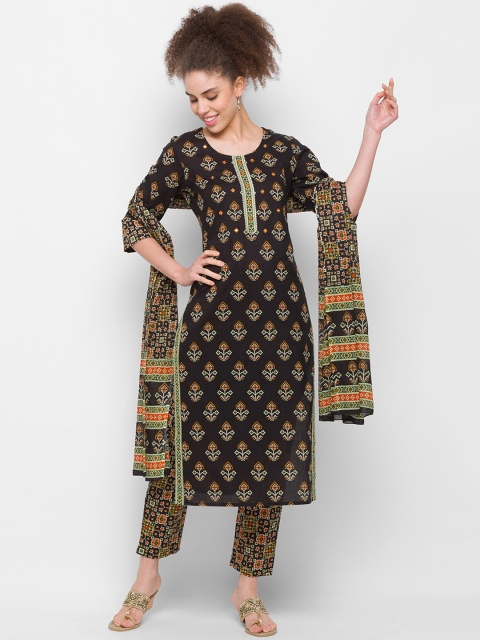 

ZOLA Women Brown Ethnic Motifs Printed Empire Pure Cotton Kurta with Trousers & With Dupatta