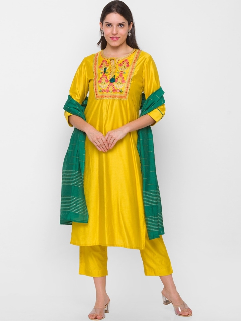 

ZOLA Women Mustard Yellow Embroidered Empire Kurta with Trousers & With Dupatta