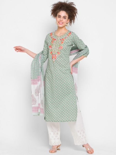 

ZOLA Women Green Floral Printed Pure Cotton Kurti with Palazzos & With Dupatta