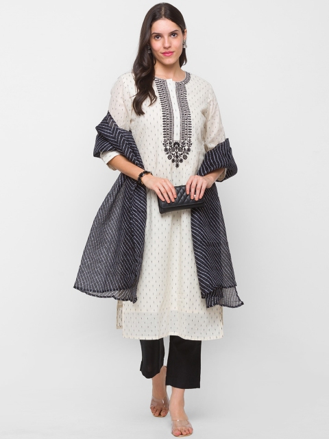 

ZOLA Women Off White Ethnic Motifs Layered Pure Cotton Kurti with Trousers
