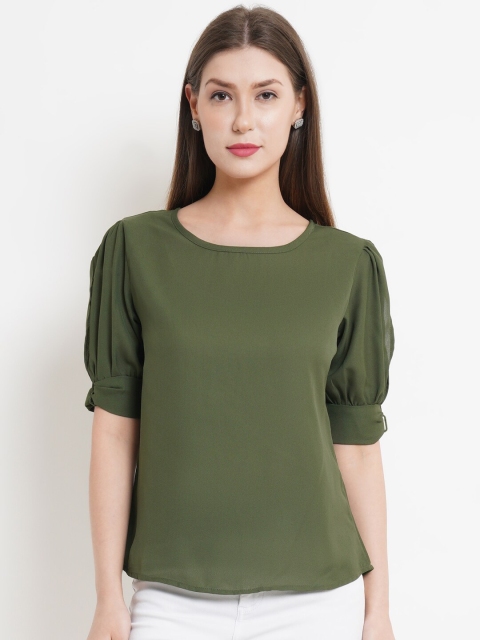 

WESTCLO Olive Green Puff Sleeves Styled Back Top