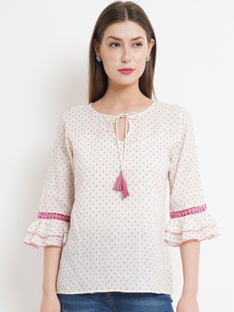 

WESTCLO Off White Print Tie-Up Neck Top