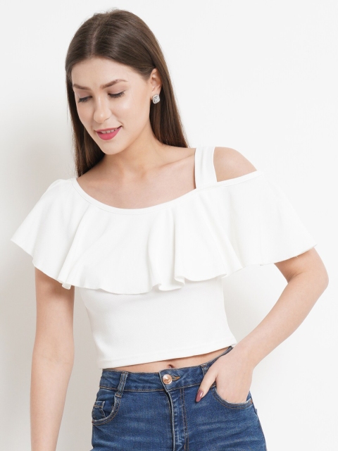 

WESTCLO Women White One Shoulder Ruffles Crop Top
